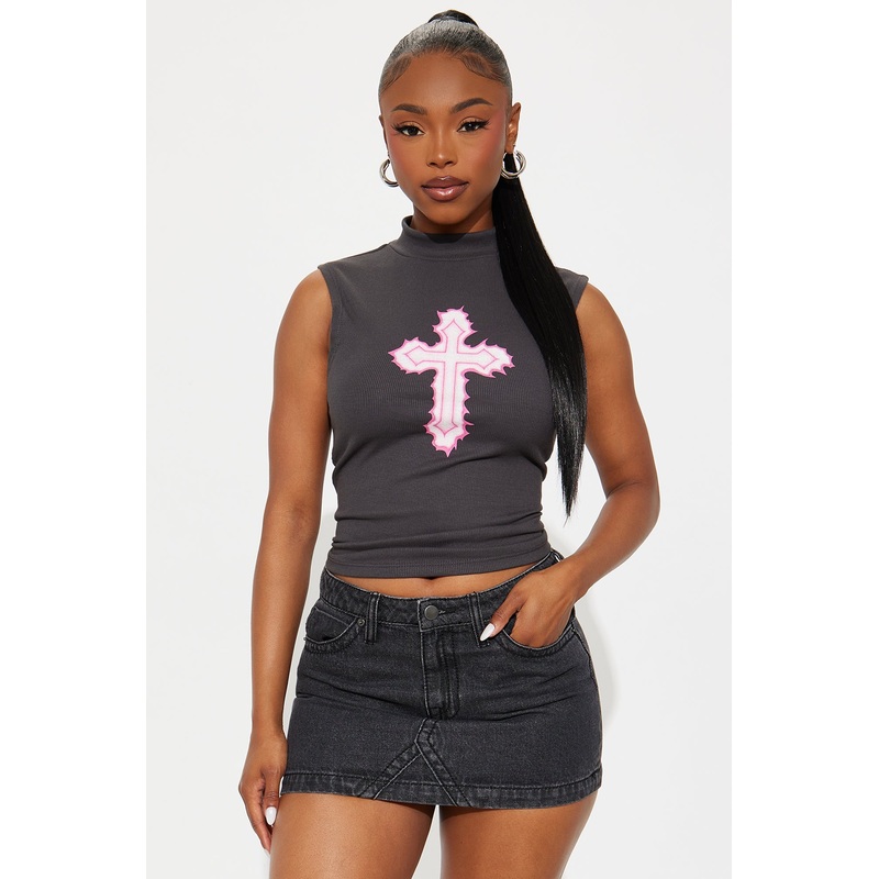 Edgy Cross Ribbed Top – Charcoal