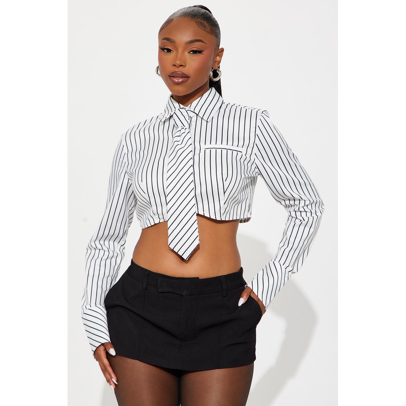 Real Woman Striped Poplin Tie Shirt – White/Black