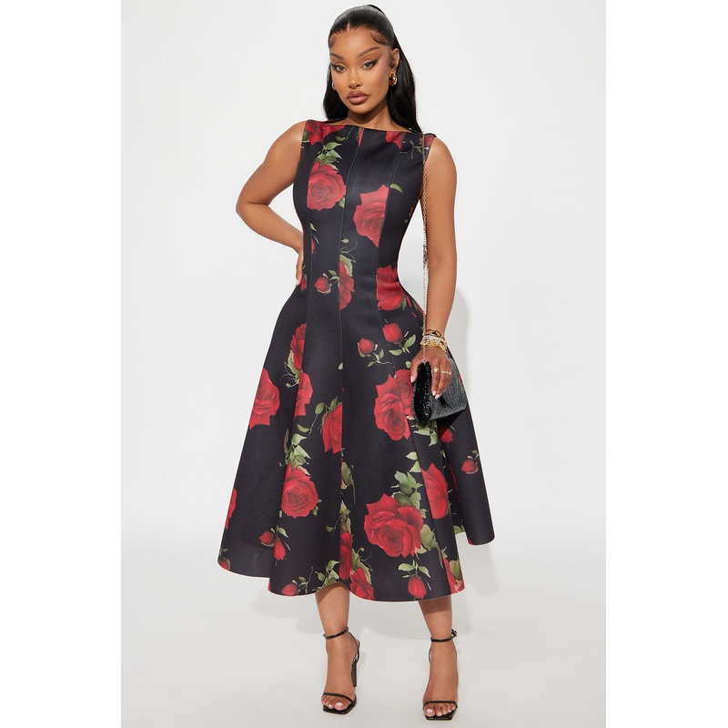 Sweet Sunday Pleated Floral Midi Dress – Red/combo