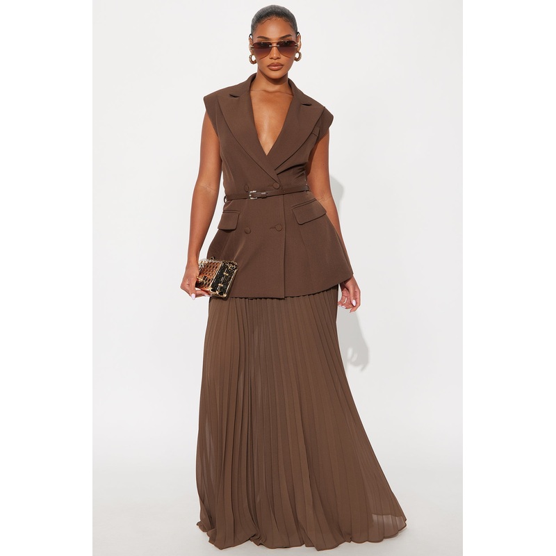 Aria Belted Blazer Pleated Maxi Skirt Set – Chocolate