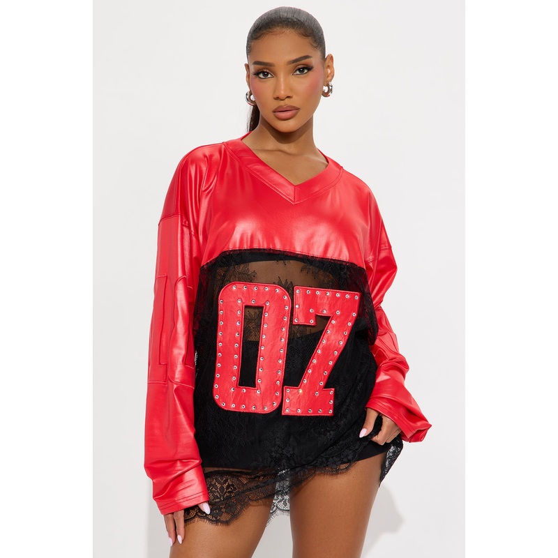 Best Of The Best Rhinestone Lace Jersey Top – Red