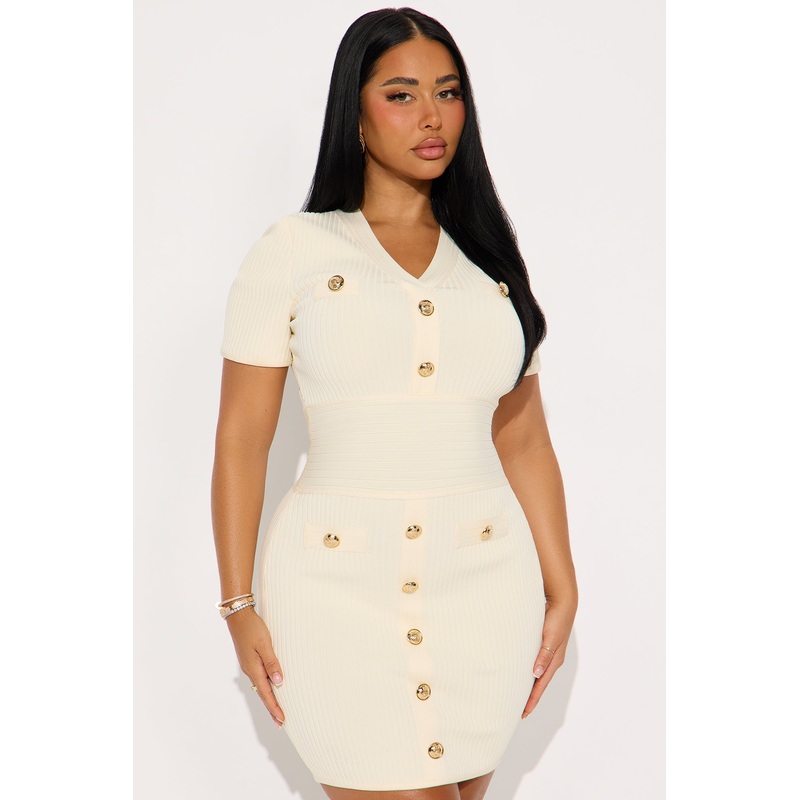 Brielle Button Short Sleeve Bandage Mini Dress – Cream