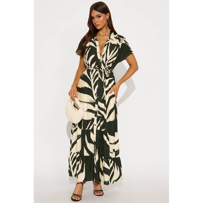 By The Seashore Linen Maxi Dress – Olive/combo