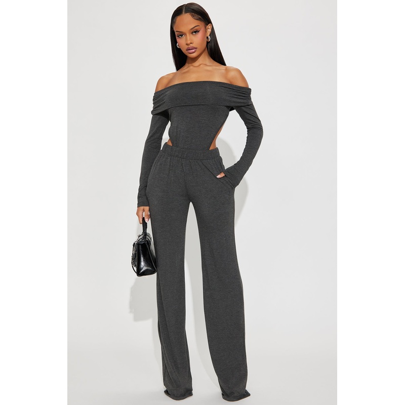Clarissa Off Shoulder Bodysuit And Pant Set – Charcoal