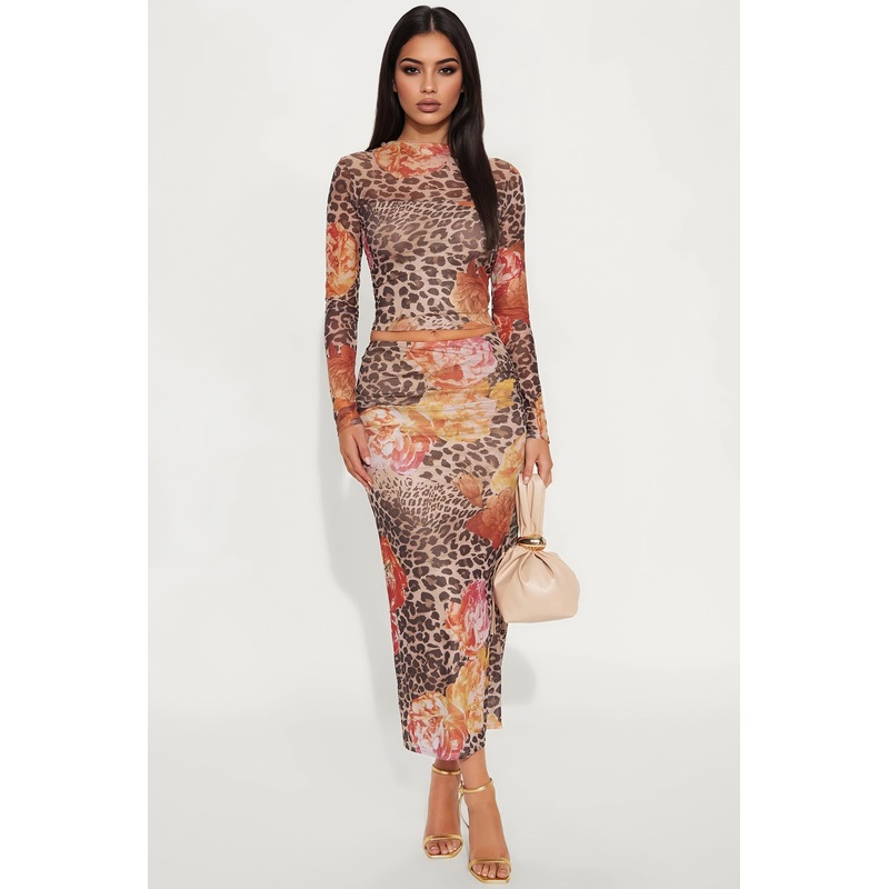 Hazel Leopard Mesh Midi Skirt Set – Brown Combo