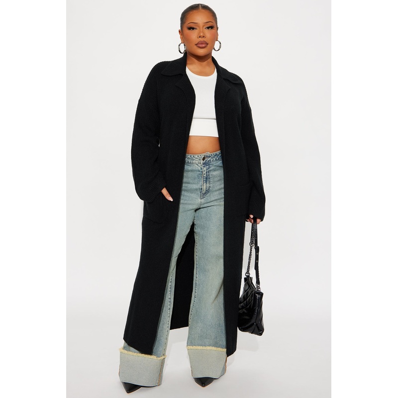 It’s Only Fair Belted Long Cardigan – Black