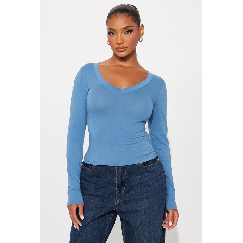 Jasmine V Neck Everyday Long Sleeve Top – Indigo