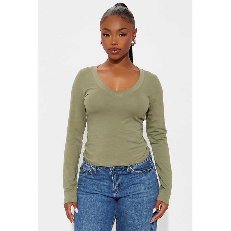 Jasmine V Neck Everyday Long Sleeve Top – Military Green