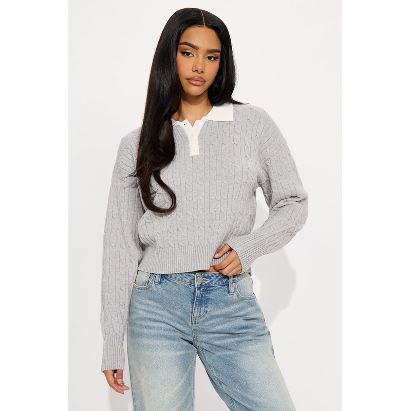 Layla Cable Knit Pullover Polo Sweater – Grey/combo