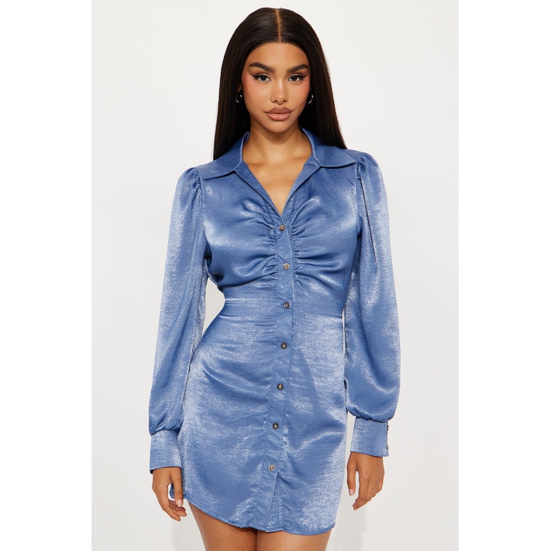 Nicole Satin Shirt Mini Dress – Blue