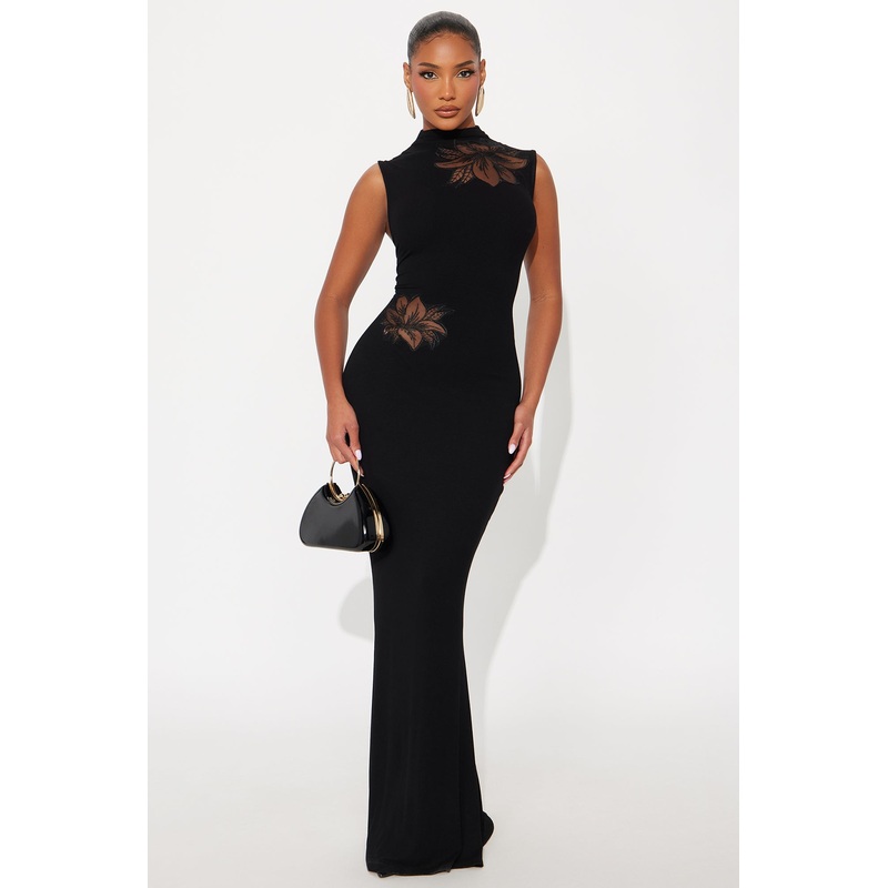 Obsidian Dreams Mock Neck Maxi Dress – Black