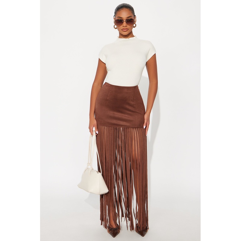 On The Fringe Faux Suede Maxi Skirt – Brown