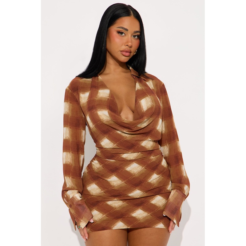 Quinn Plaid Chiffon Mini Dress – Brown/combo