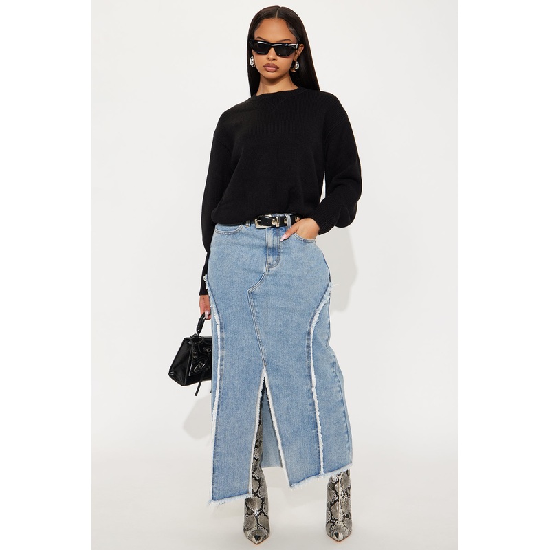 Skylar Asymmetrical Denim Maxi Skirt – Vintage Wash