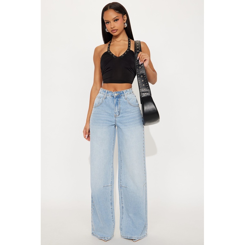 Studded Kiss Embellished Baggy Jeans – Light Wash