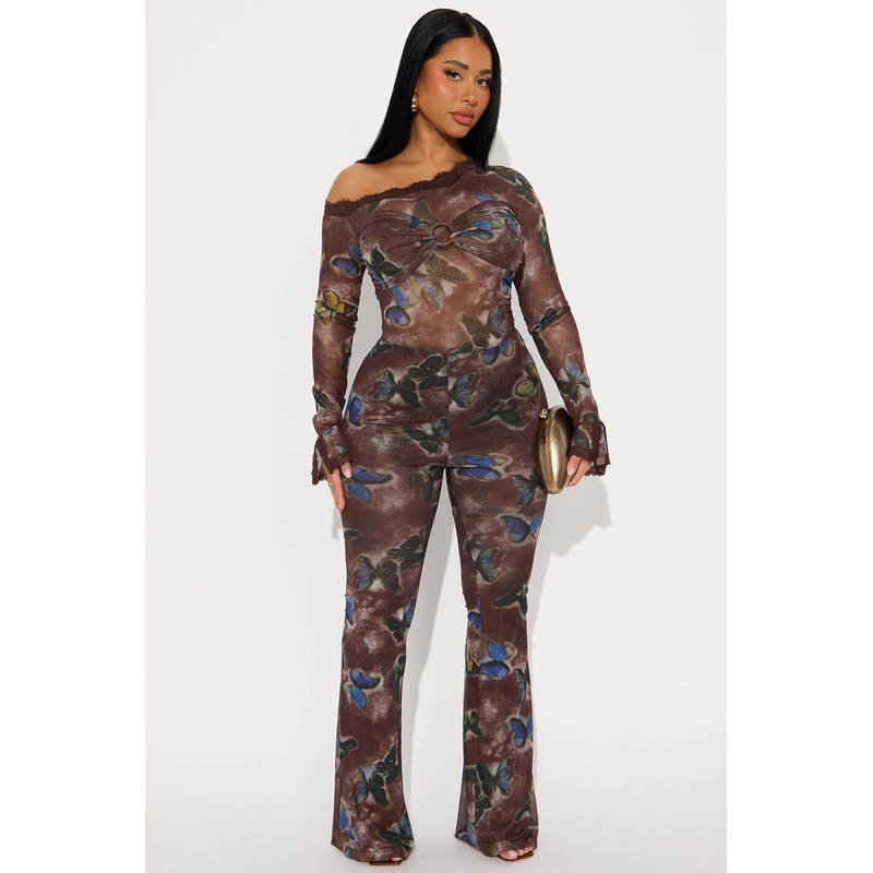 Sweet & Sexy Mesh Flare Jumpsuit – Brown/combo