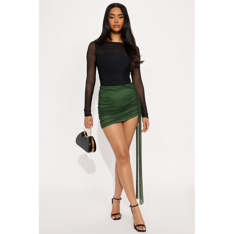 Valentina Ruched Mesh Micro Mini Skirt – Olive