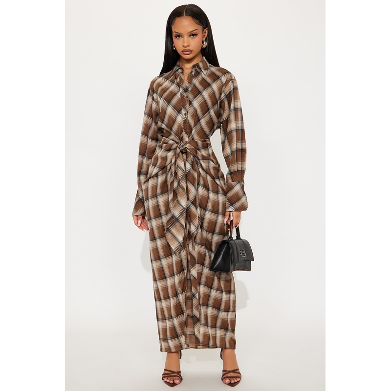 Xylia Plaid Maxi Dress – Brown