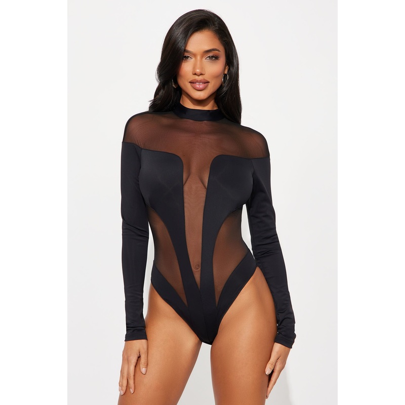 Zuri Mesh Cut Out Long Sleeve Bodysuit – Black