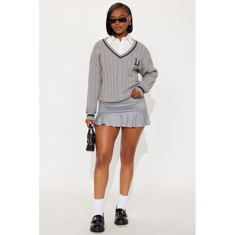 Ayla Ruched Fold-Over Waistband Mini Skirt – Grey