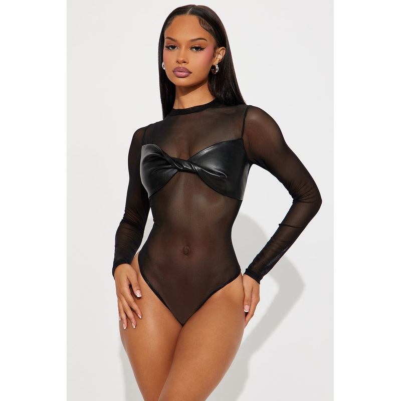 Best Of Luck Long Sleeve Twist Mesh Bodysuit – Black