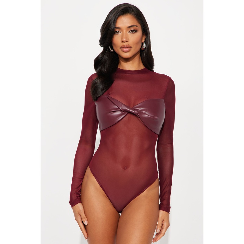 Best Of Luck Long Sleeve Twist Mesh Bodysuit – Burgundy