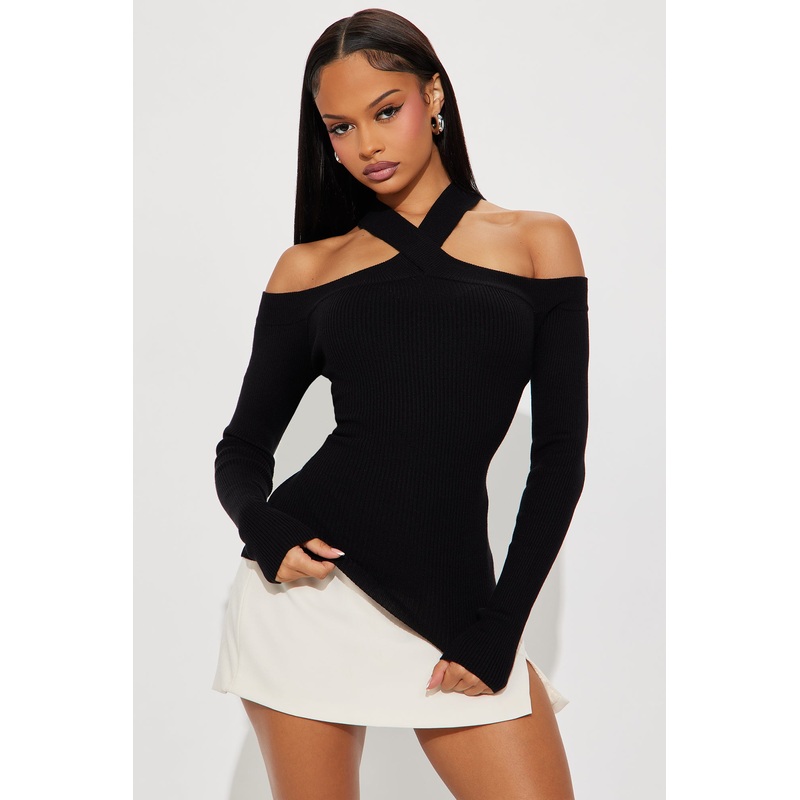 Cross My Heart Off Shoulder Sweater – Black