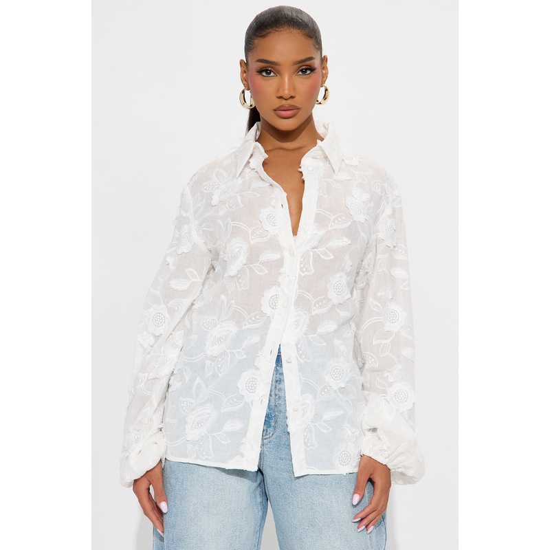 Garden Chic Floral Applique Shirt – White