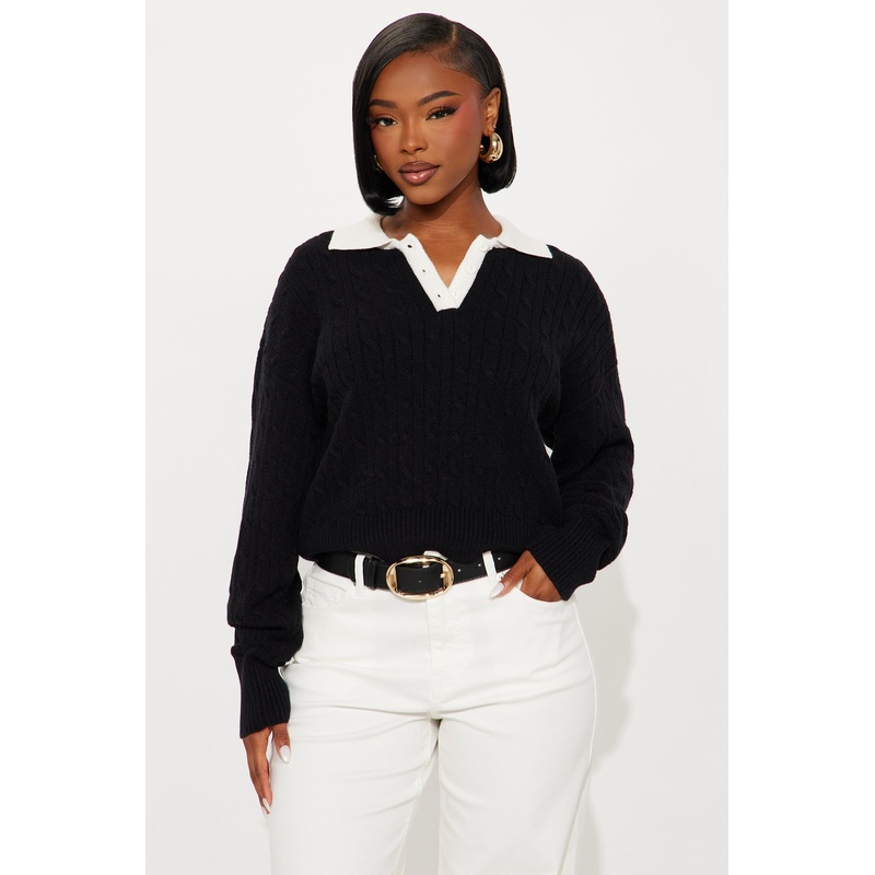 Layla Cable Knit Pullover Polo Sweater – Black/combo