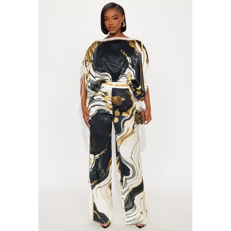 Marlene Off Shoulder Satin Pant Set – Black/combo