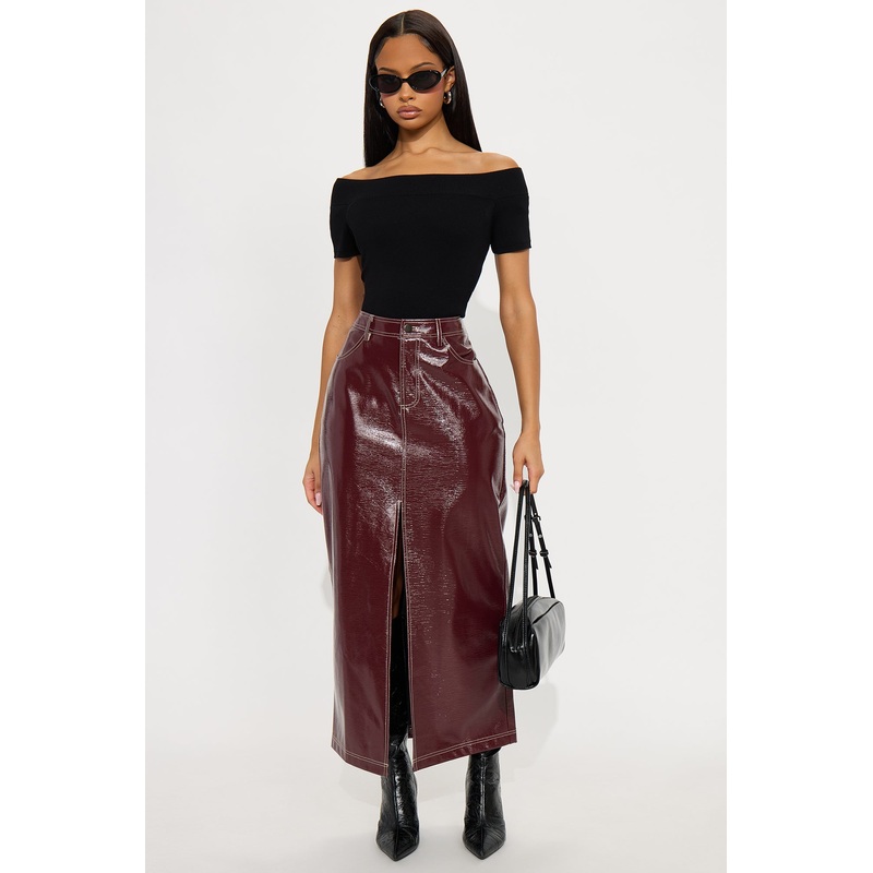 Set The Tone High Slit Patent Faux Leather Maxi Skirt – Burgundy