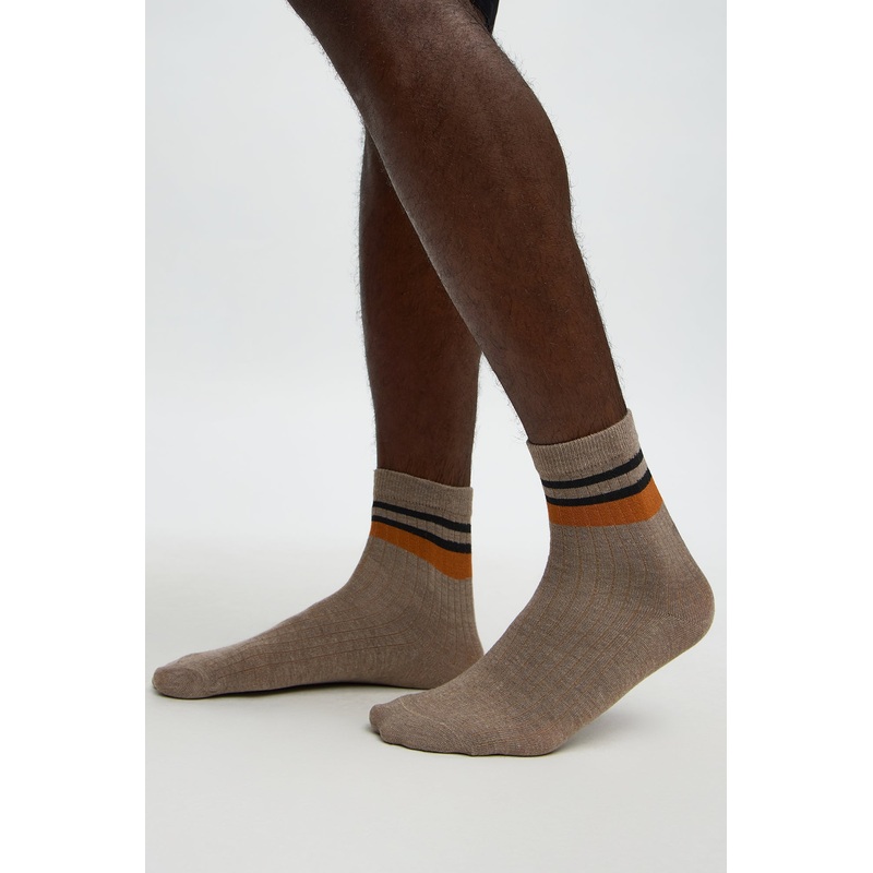 Contrast Stripes Ribbed Crew Sock – Brown
