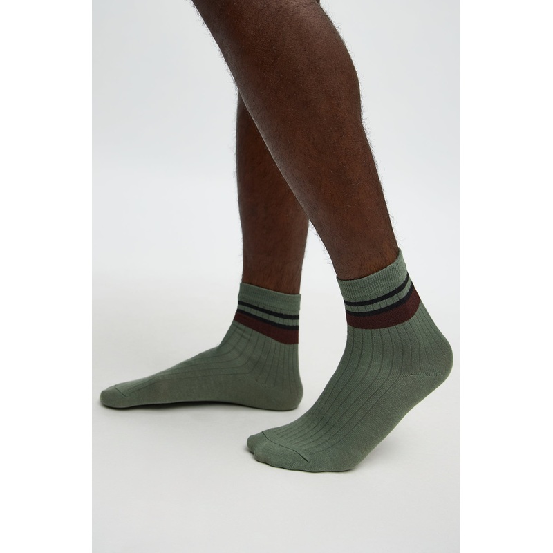 Contrast Stripes Ribbed Crew Sock  – Green