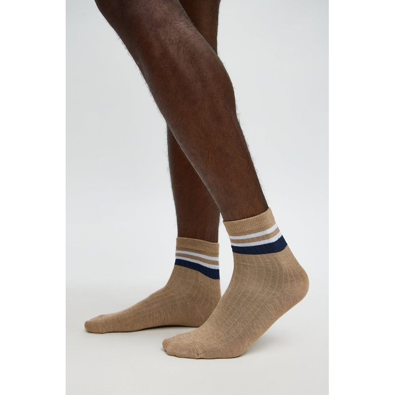 Contrast Stripes Ribbed Crew Sock  – Tan