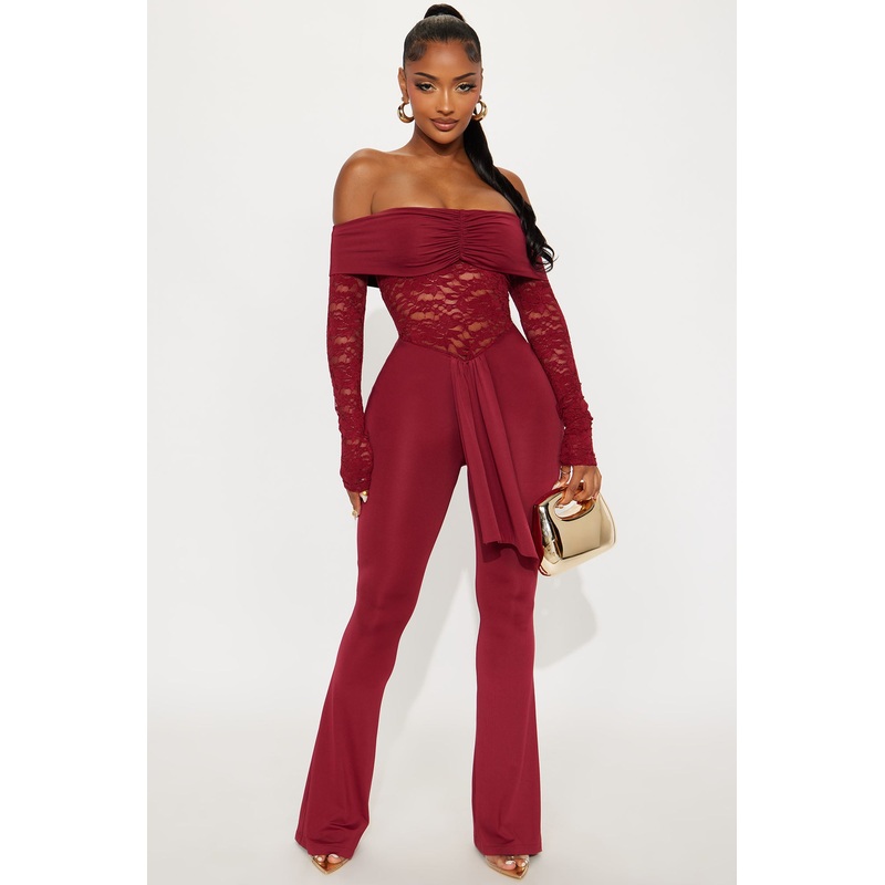 Hands On Lace Off Shoulder Jumpsuit – Burgundy