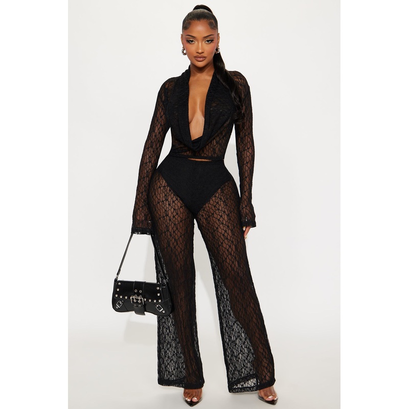 Hot Intentions Cowl Neck Lace Pant Set – Black