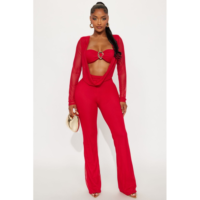 Stolen Glances Mesh 2 Piece Jumpsuit Set – Red