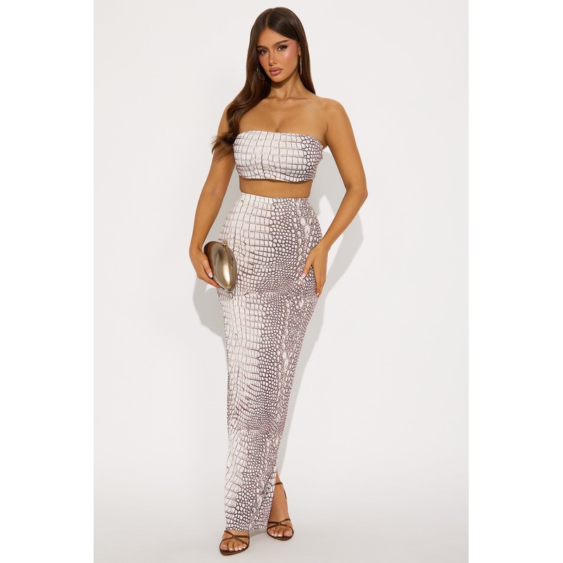 Asavi Snake Wet Print Sequin Skirt Set – Taupe/combo