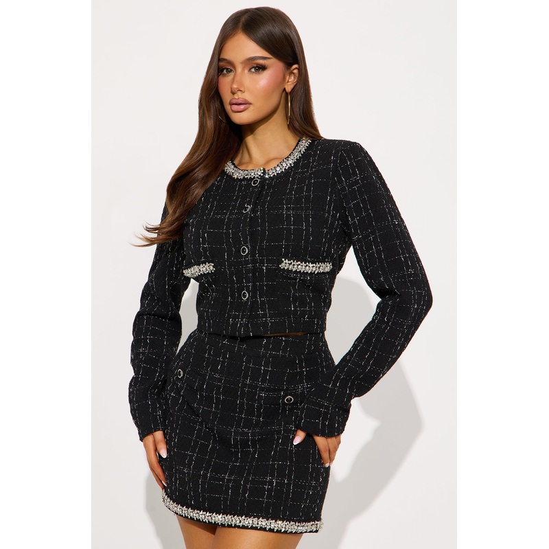 Dionne Embellished Tweed Jacket Skirt Set – Black