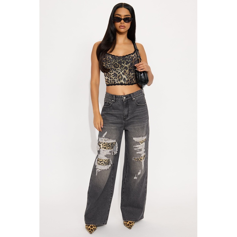 Fearless Leopard Distressed Wide Leg Jeans – Grey