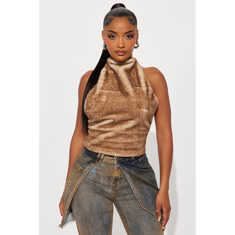Fluff Mode Faux Fur Halter Top – Brown