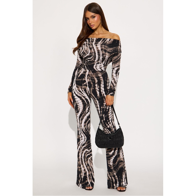 Hypnotize Me Off Shoulder Flare Leg Jumpsuit – Black/combo