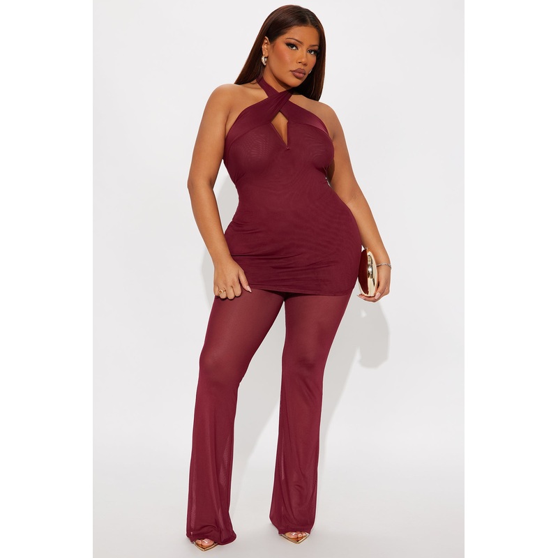 In My Moment Mesh Halter Pant Set – Burgundy