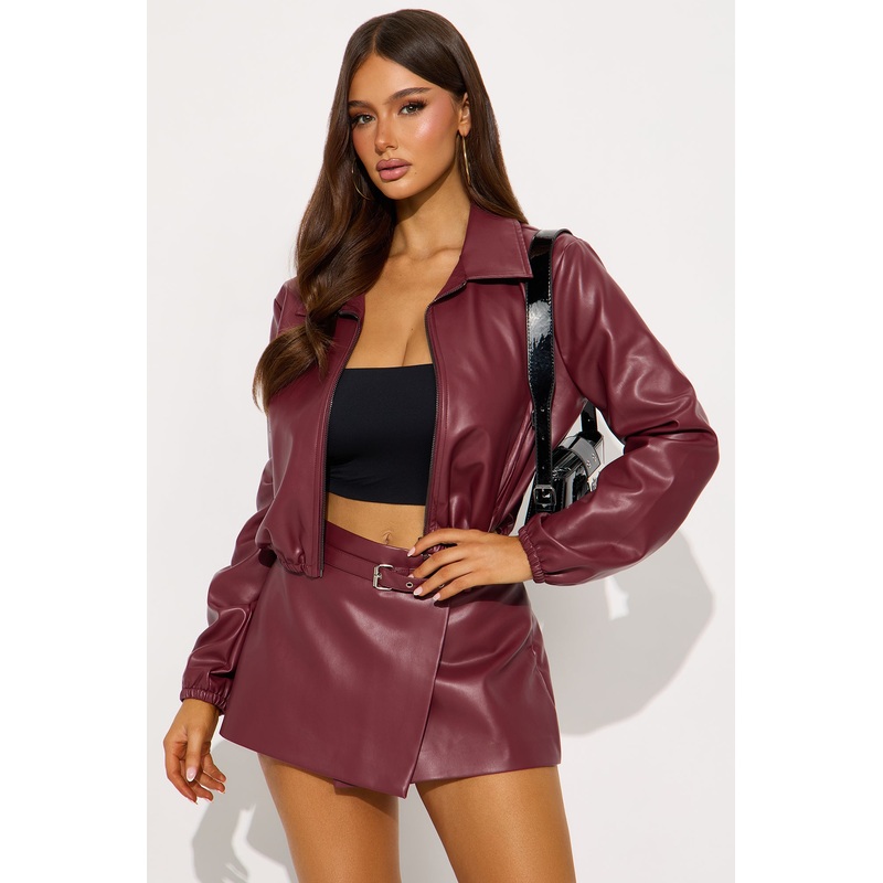 Jessica Faux Leather Jacket Skort Set – Burgundy