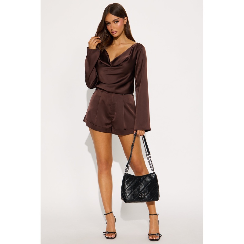 Lania Long Sleeve Satin Short Set – Chocolate