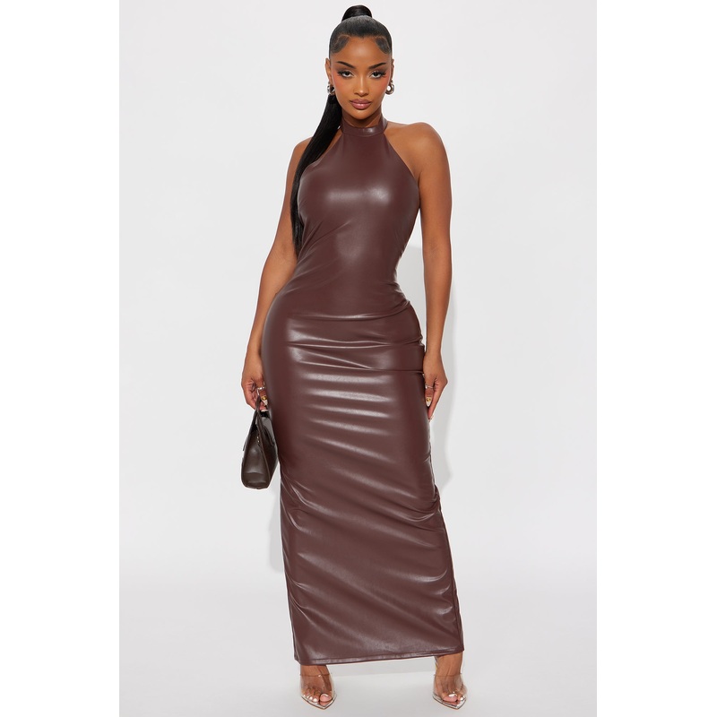 Nicole Backless Faux Leather Maxi Dress – Brown