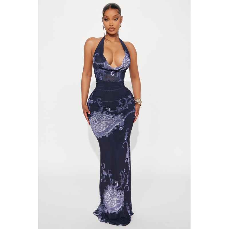 Pretty In Paisley Halter Maxi Dress – Navy/combo