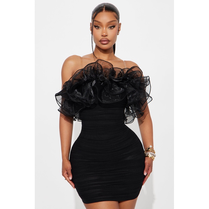 Ruffle Mami Mesh Mini Dress – Black