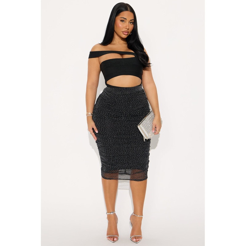 Seeing Stars Rhinestone Metallic Knit Midi Skirt – Black