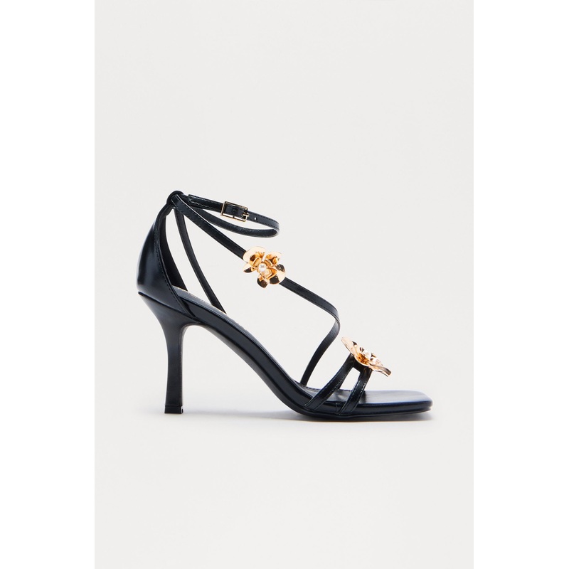 Selima Flower Ankle Strap Heels – Black